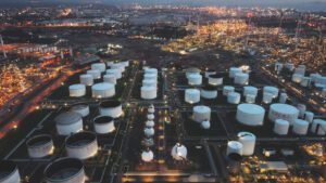 Oil refinery at dusk
