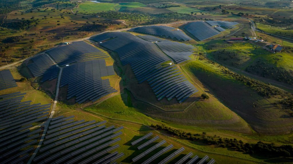 Solar panels at dusk time coming from strong solar energy investment
