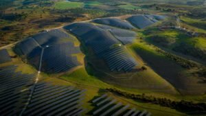 Solar panels at dusk time coming from strong solar energy investment