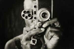 Film camera taking picture. focusing on return of disciplined film finance
